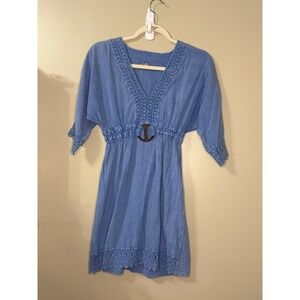 Blanco by Nature Blue Gauze Crochet Trim Empire Waist Boho Mini Dress Small